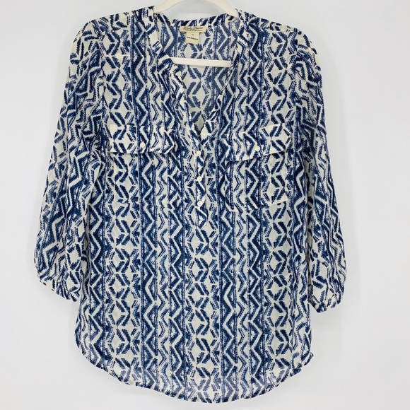 Lucky Brand Tops - 🦋Lucky Brand Blue Boho Print Sheer V-Neck Blouse